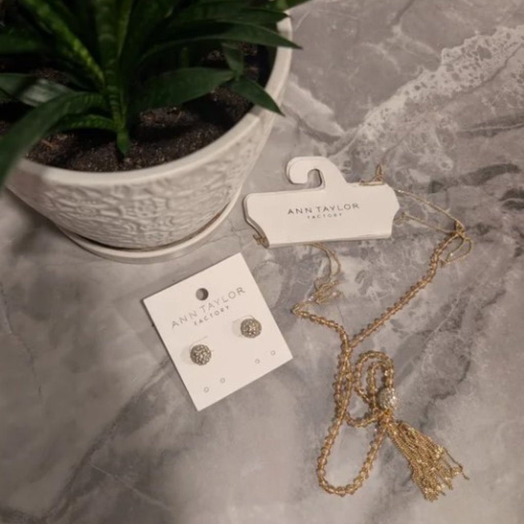 Ann Taylor Gold Crystal Ball Earrings & Necklace Set